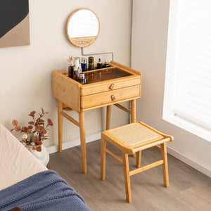 Bamboo Makeup Vanity Table with Mirror with 2 Storage Drawers-Natural view 3