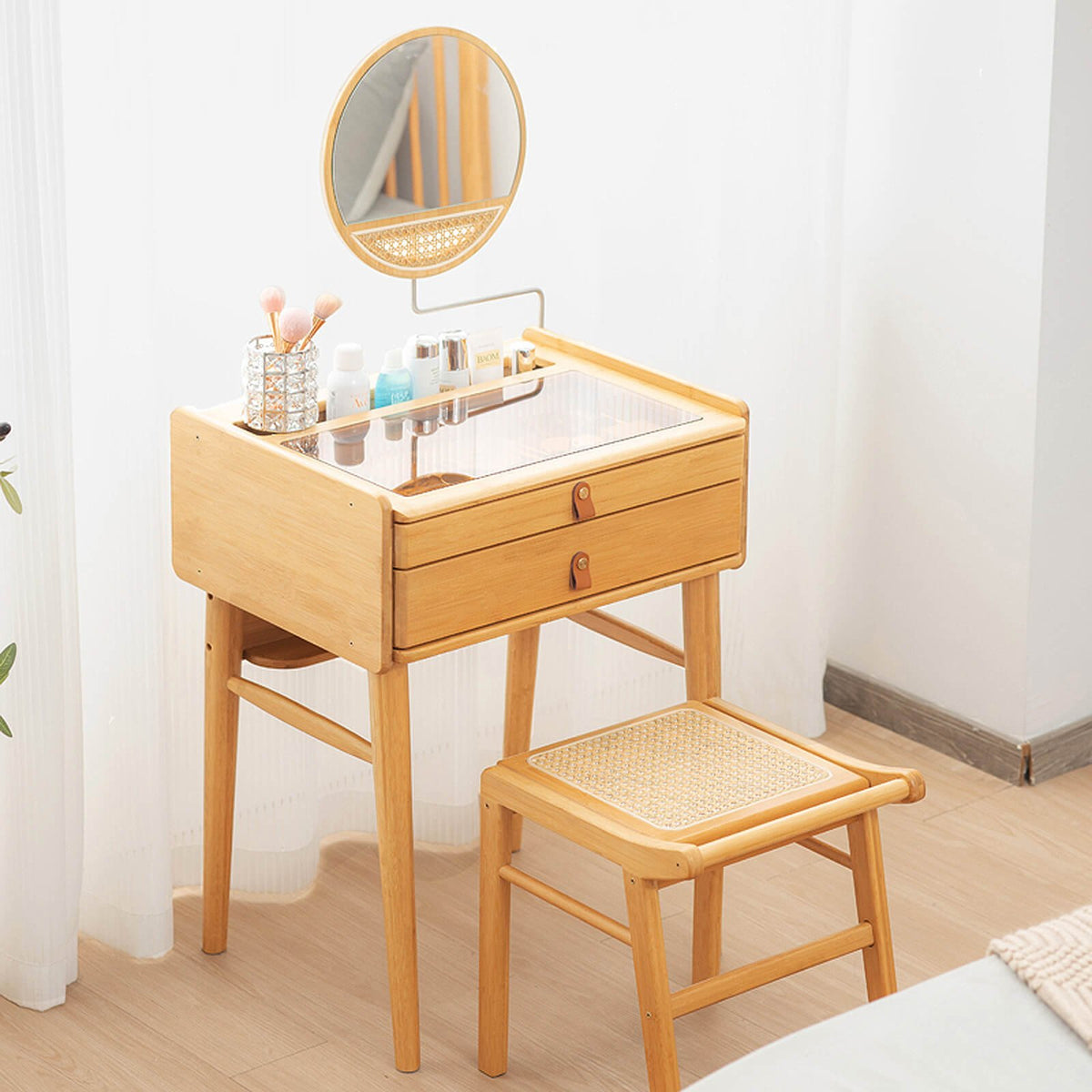 Bamboo Makeup Vanity Table with Stool and Rotating Mirror view 2