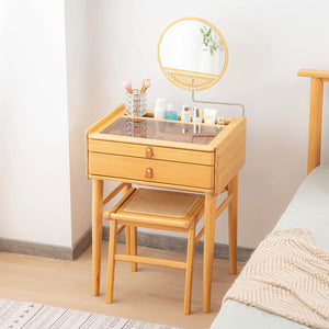 Bamboo Makeup Vanity Table with Stool and Rotating Mirror view 3