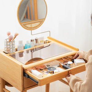 Bamboo Makeup Vanity Table with Stool and Rotating Mirror view 9