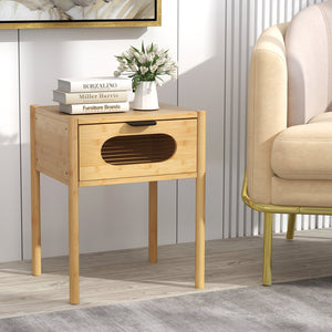 Bamboo Nightstand Square Tall End Table with Decorated Drawer-Natural view 2