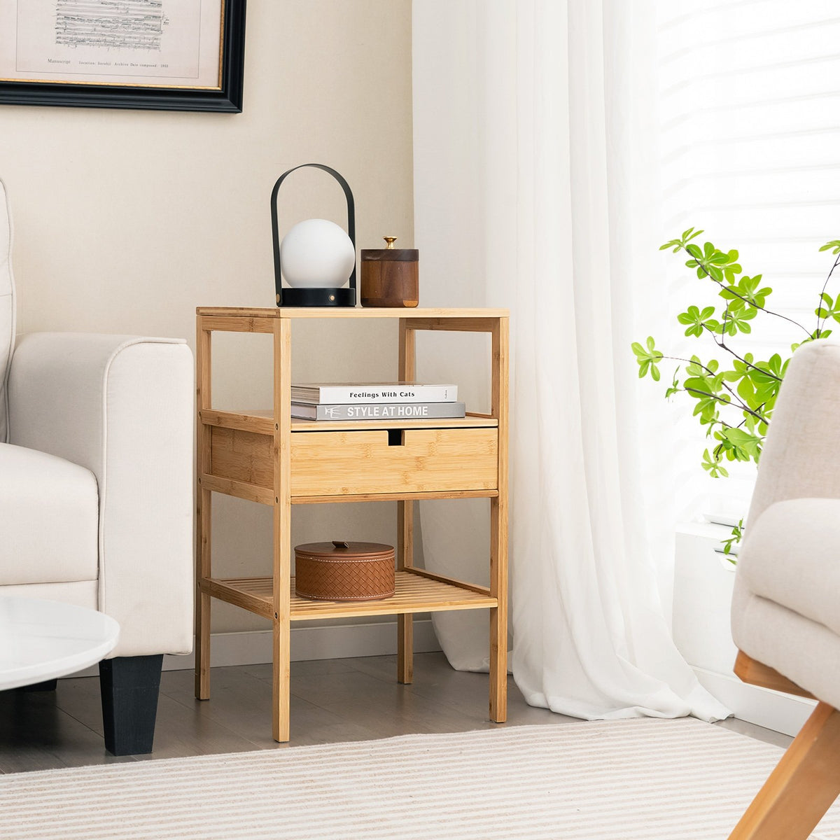 Bamboo Nightstand with Storage Drawer and Slatted Shelf-1 Piece view 2