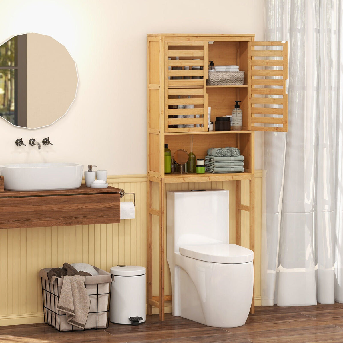 Bamboo Over The Toilet Storage Cabinet Bathroom with Adjustable Shelf-Natural view 2