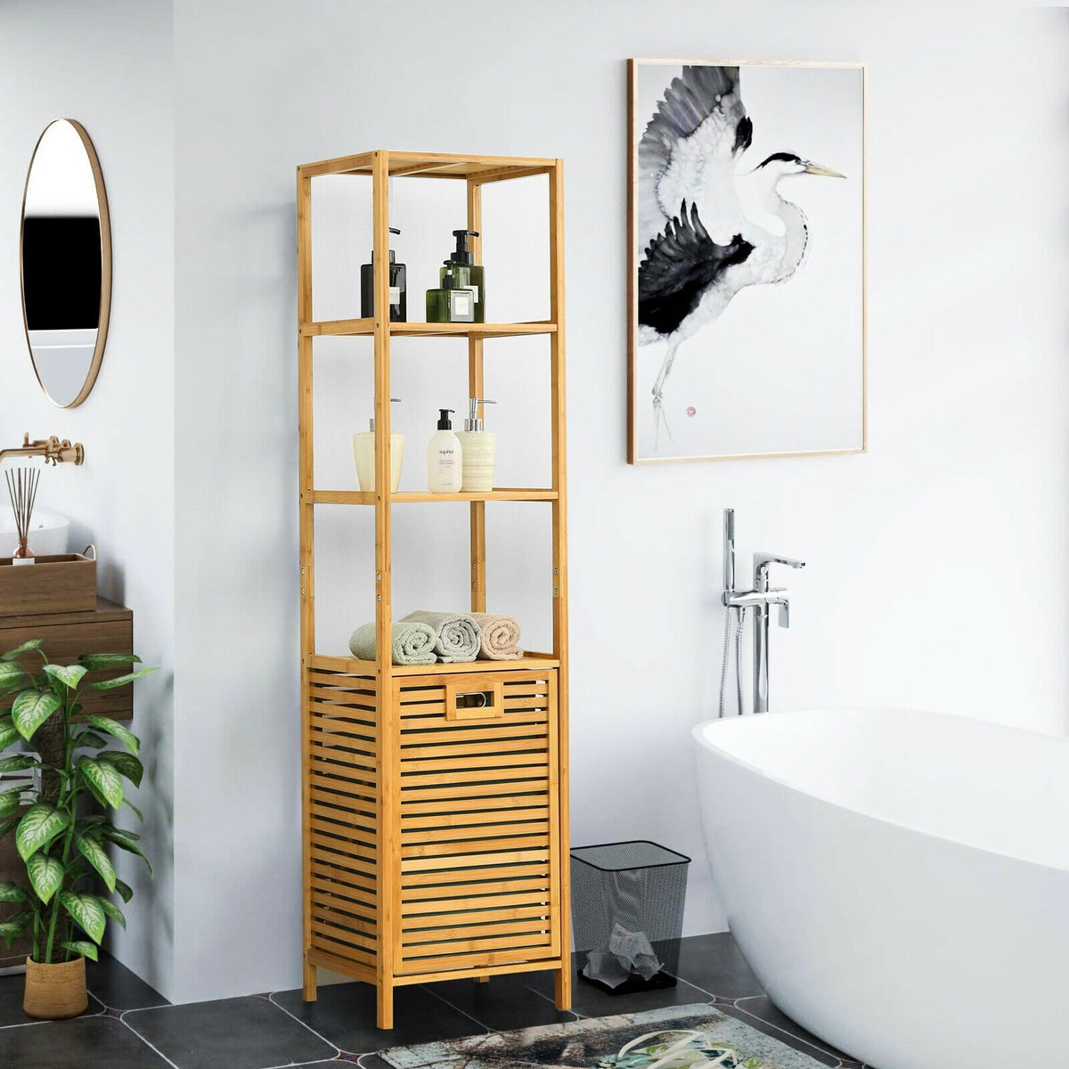 Bamboo Tower Hamper Organizer with 3-Tier Storage Shelves-Natural view 2