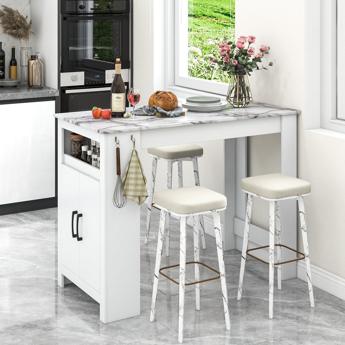Bar Table Faux Marble Pub Table with 7 Hanging Hooks Compartment-White view 2
