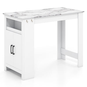 Bar Table Faux Marble Pub Table with 7 Hanging Hooks Compartment-White view 4