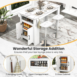 Bar Table Faux Marble Pub Table with 7 Hanging Hooks Compartment-White view 8