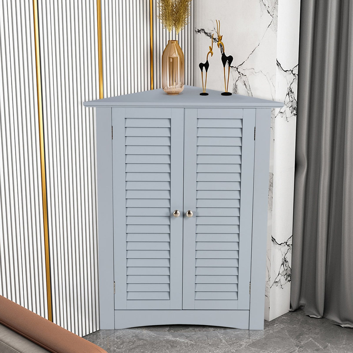 Bathroom Corner Storage Freestanding Floor Cabinet with Shutter Door-Gray view 2