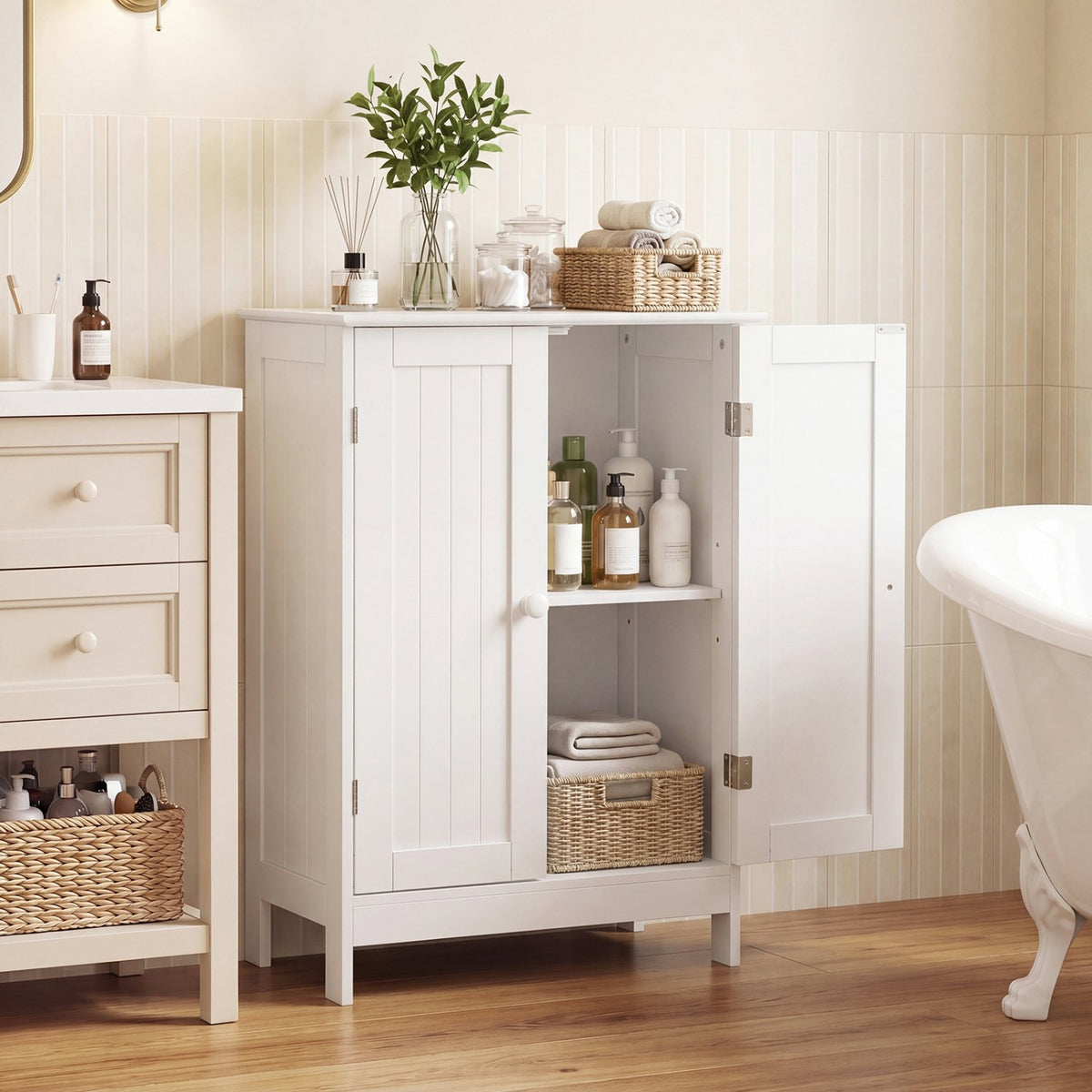 Bathroom Floor Storage Double Door Cupboard Cabinet-White view 2