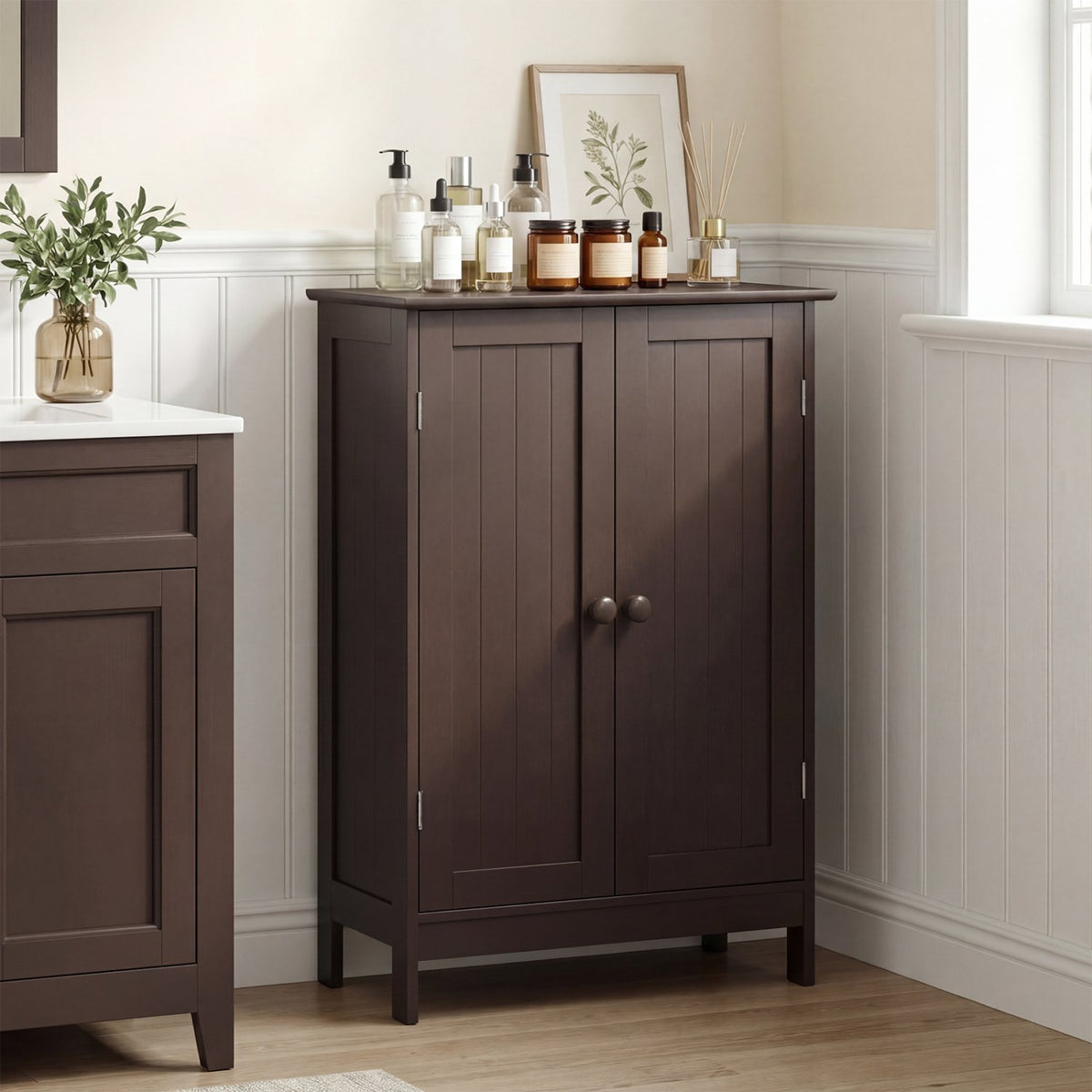Bathroom Floor Storage Double Door Cupboard Cabinet-Brown view 2