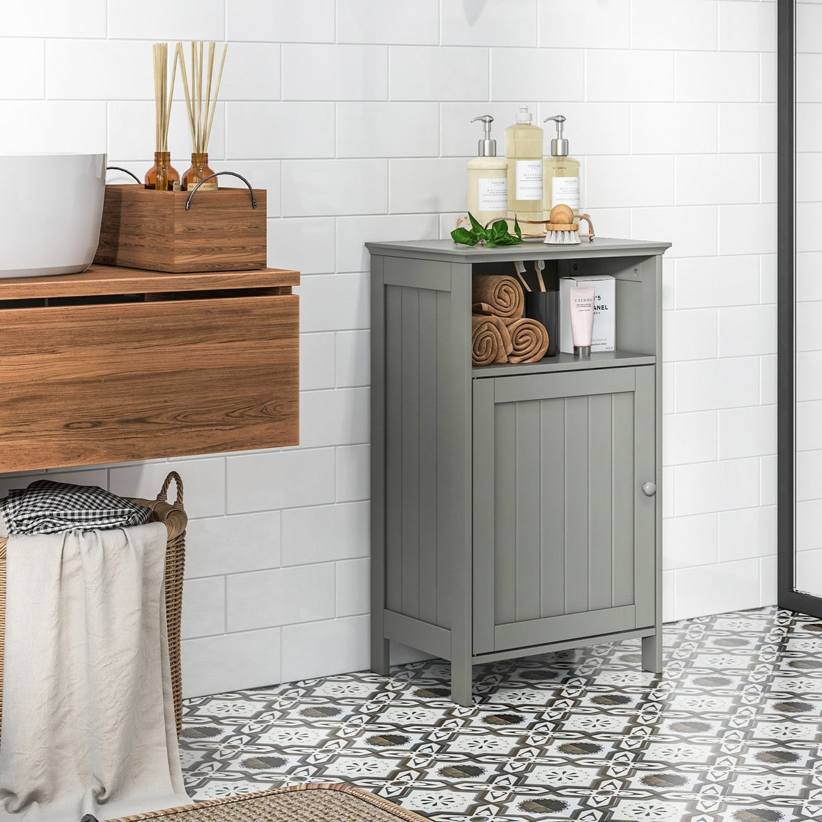 Bathroom Freestanding Adjustable Shelf Floor Storage Cabinet-Gray view 2