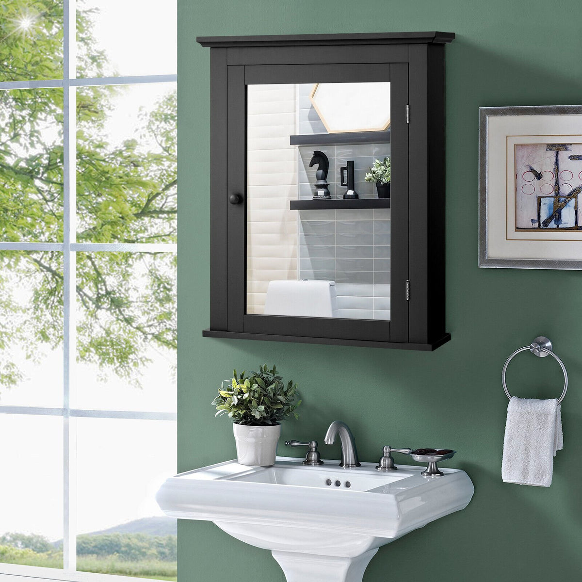 Wall Mounted Bathroom Mirror Cabinet with 5-level Height-adjustable Shelf-Black view 2