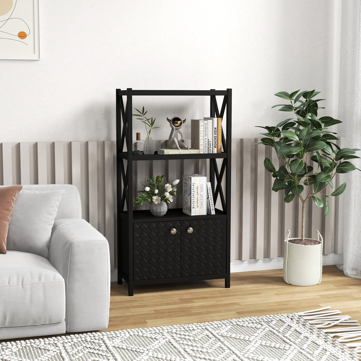 Bathroom Storage Cabinet with Open Shelves and Double Doors-Black view 2