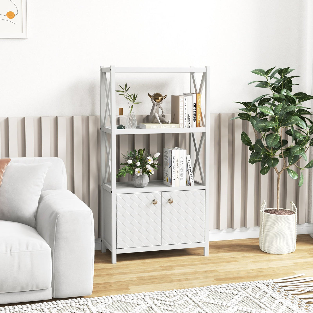 Bathroom Storage Cabinet with Open Shelves and Double Doors-White view 2