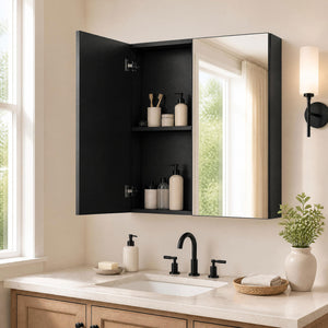 Bathroom Wall Cabinet with 2 Mirrored Doors for Laundry Entryway-Black view 2