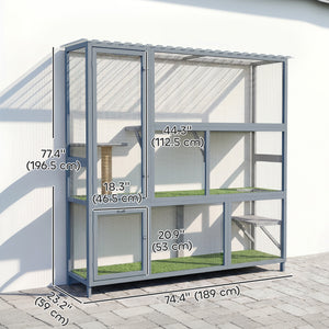 Catio Outdoor Cat Enclosure, 77" H Wooden Cat House with Weatherproof Roof, Platforms and Scratching Post
