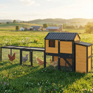 Large Chicken Coop, 134"L Wooden Chicken House with Run, Nesting Box, Slide-Out Tray, Waterproof Roof and Ramp
