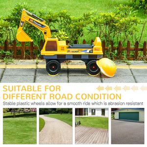 Qaba No Power Ride On Excavator Construction Digger Multi-Functional Truck Toy with 2 in 1 Design Detachable Digging Bucket and Grab Bucket, Music, Light, Yellow