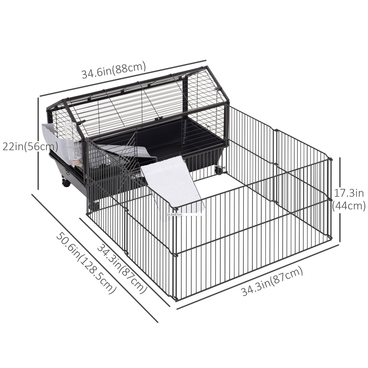 Guinea Pig Cage with Foldable Detachable Playpen, Rolling Rabbit Chinchilla Hedgehog Bunny Cage Small Animal Habitat with Water Bottle, Hay Feeder, 34.5" x 50.5" x 22"
