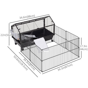 Guinea Pig Cage with Foldable Detachable Playpen, Rolling Rabbit Chinchilla Hedgehog Bunny Cage Small Animal Habitat with Water Bottle, Hay Feeder, 34.5" x 50.5" x 22"