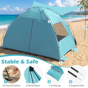 Beach Tent Sun Shelter with Canopy with Extended Floor and Vent Windows-Blue view 9