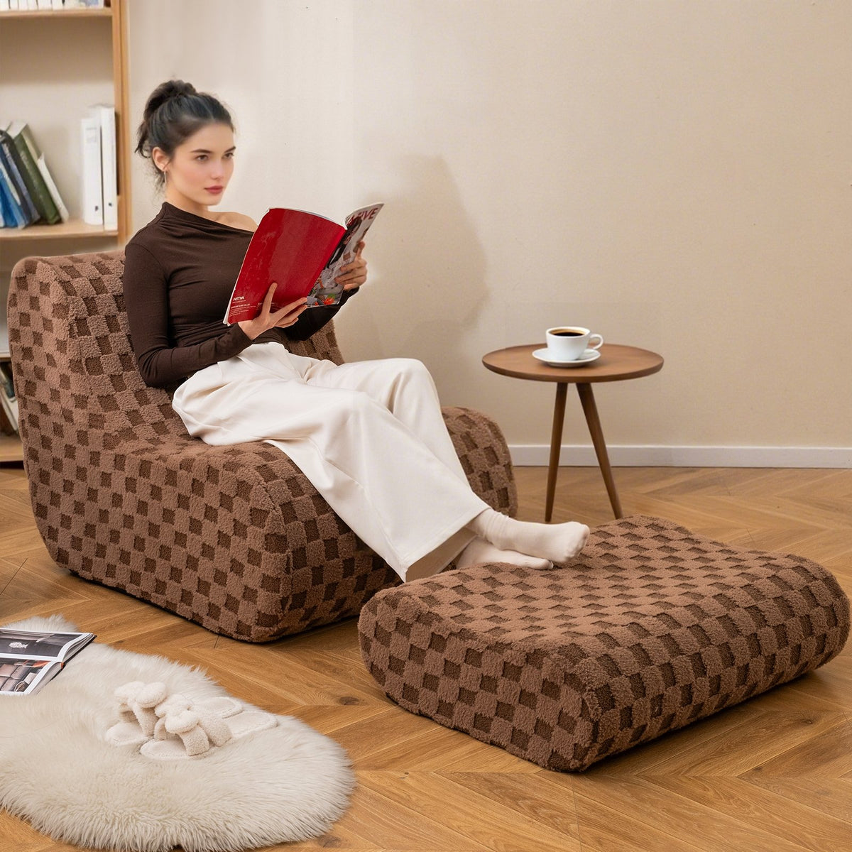 Bean Bag Chair with Ottoman and High Elasticity Sponge-Brown view 2