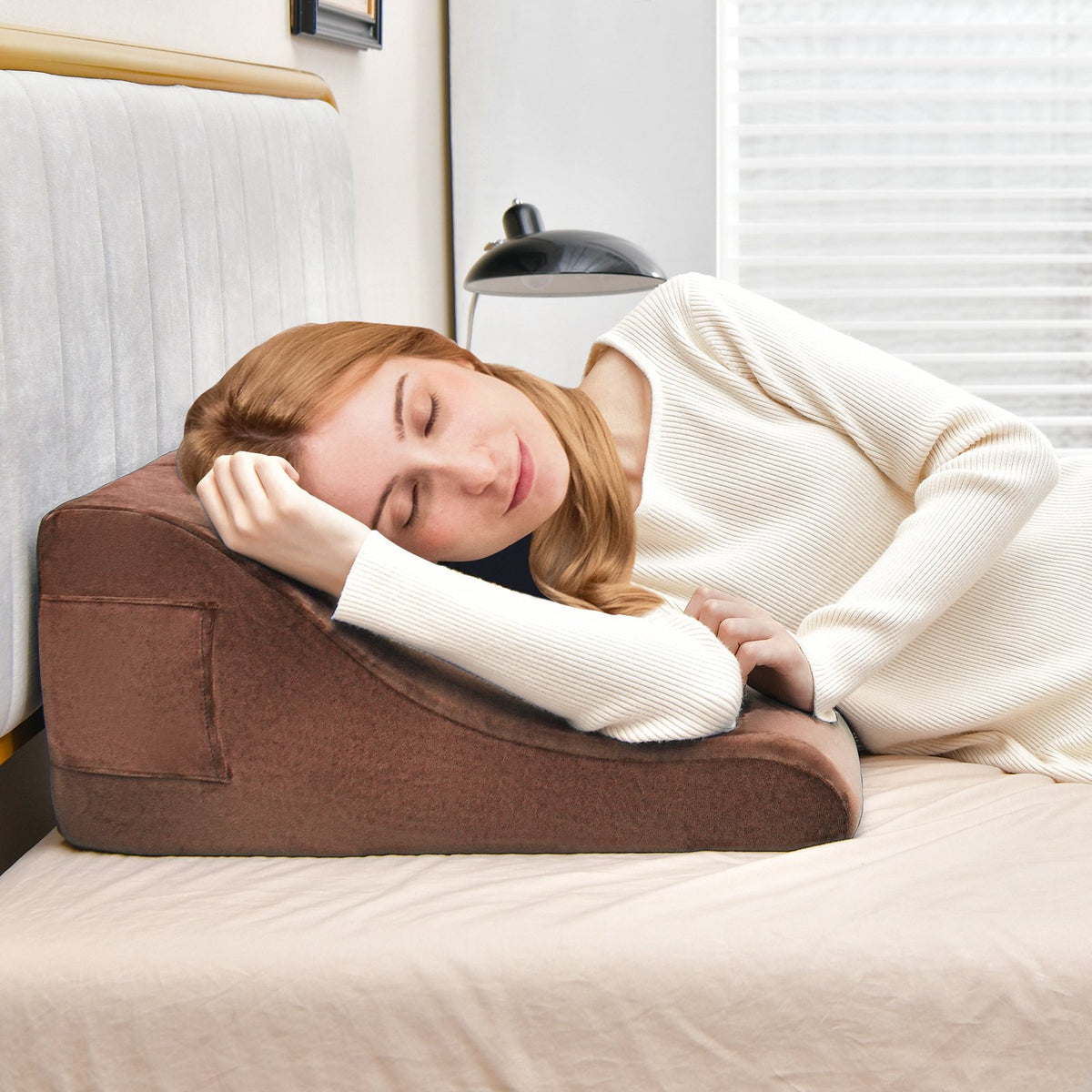 Bed Wedge Pillow with Tablet Pillow Stand and Side Pockets-Brown view 2