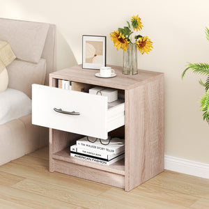 Bedside Table Nightstand with Drawer and Open Storage Shelf-Natural & White view 3