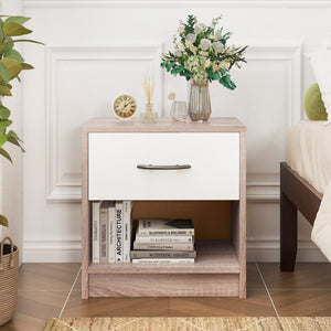 Bedside Table Nightstand with Drawer and Open Storage Shelf-Natural & White view 9