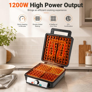 Belgian Waffle Maker 4-Slice 1200W with Browning Knob and Nonstick Plates-Black & Silver view 8