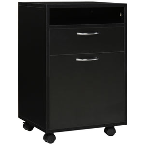 24" Small Filing Cabinet with Open Compartment, Drawer and Wheels, Home Office Storage Cabinet, Black