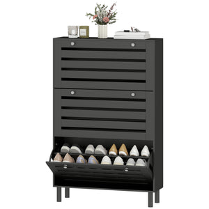 Narrow Shoe Storage Cabinet, 3 Flip Drawers, Adjustable Shelves, 18-24 Pairs Capacity, Black