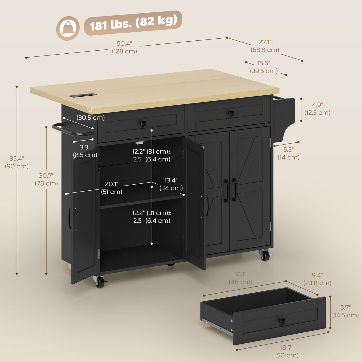 Kitchen Island with Storage, Rolling Kitchen Cart with Charging Station, Drop Leaf, Spice Rack, Towel Rack, Drawers