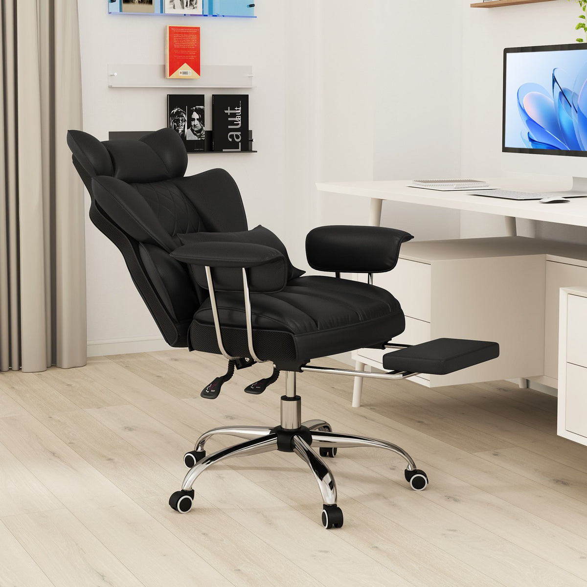 Big and Tall Executive Office Desk Chair with Footrest and Lumbar Support-Black view 2