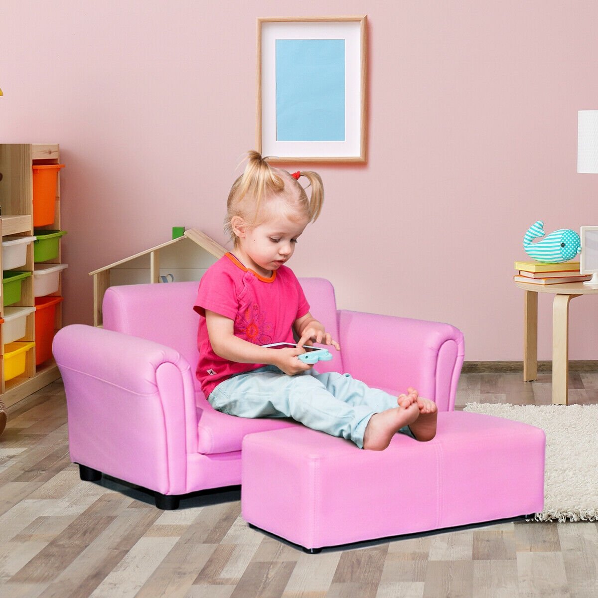 Soft Kids Double Sofa with Ottoman-Pink view 2