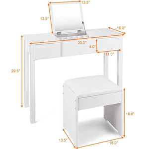 Vanity Makeup Dressing Table Set with Flip Top Mirror and Cushioned Stool-White view 4