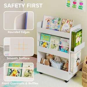 Qaba Kids Bookshelf, Kids Bookcase with Wheels & Blackboard, for Nursery, Kids Room, Playroom, for 3-8 Years
