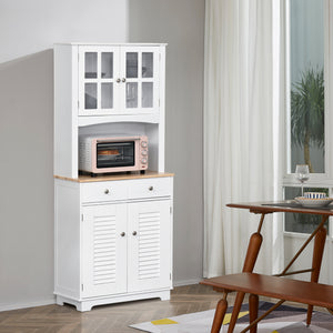 Coastal Style Kitchen Buffet and Hutch Wooden Storage Cupboard with Framed Glass Door LouveredCabinet Drawers Microwave Space for Dining Room Living Room White