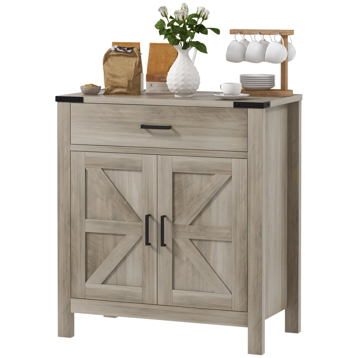 Side Cabinet, Farmhouse Kitchen Storage Cabinet w/ 2 Drawers and Shelves for Living Room, Entryway, Grey – view 2