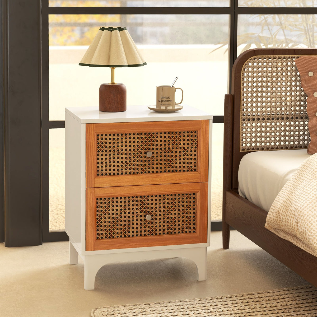 Boho Accent Table Nightstand with 2 Handwoven Rattan Decorated Drawers-White view 2
