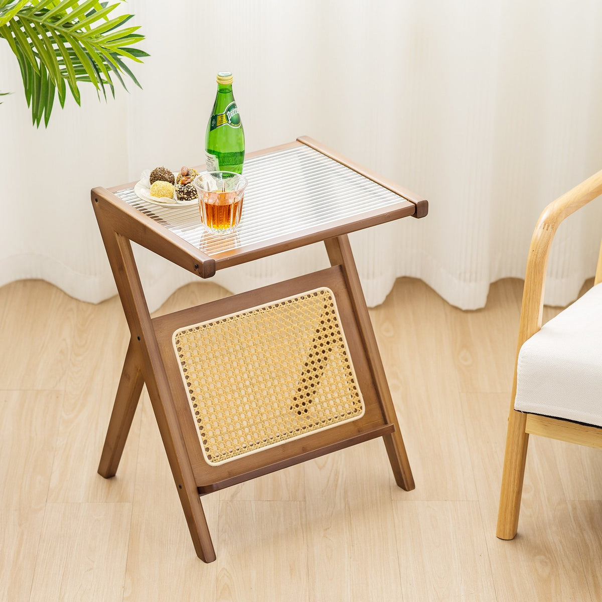 Boho End Table with Magazine Rack and Tempered Glass Top-Walnut view 2