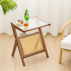 Boho End Table with Magazine Rack and Tempered Glass Top-Walnut view 2