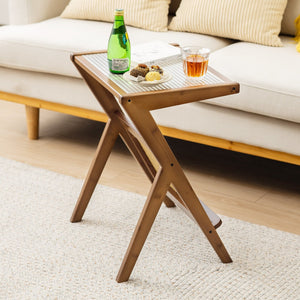 Boho End Table with Magazine Rack and Tempered Glass Top-Walnut view 6