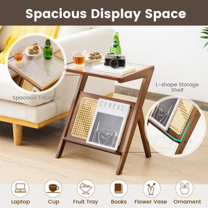 Boho End Table with Magazine Rack and Tempered Glass Top-Walnut view 7