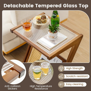 Boho End Table with Magazine Rack and Tempered Glass Top-Walnut view 8