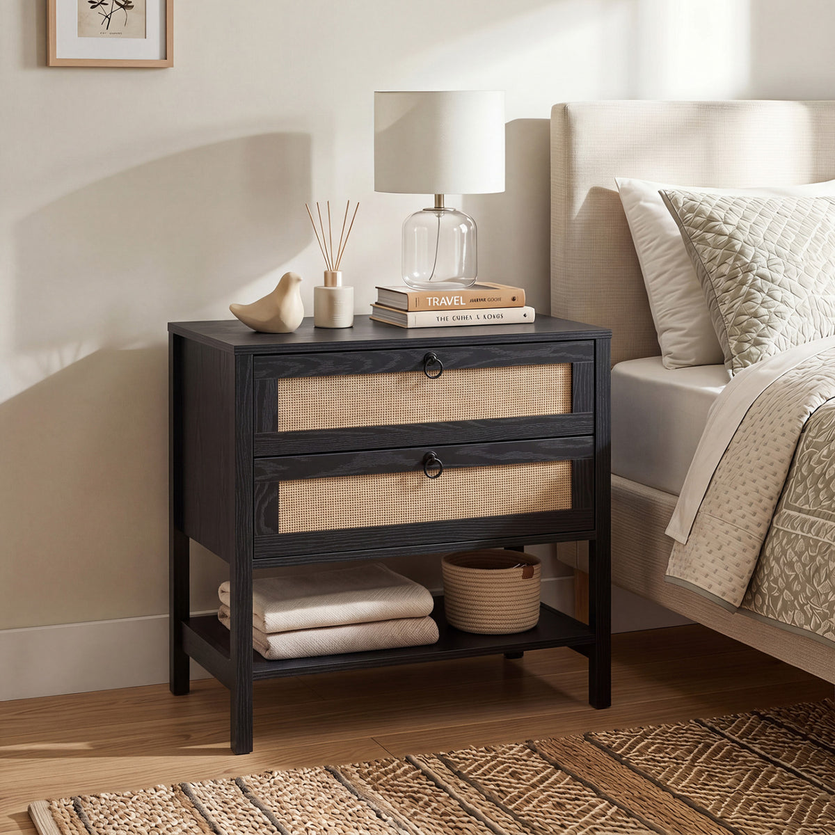 Boho Rattan Nightstand with 2 Drawers and Bottom Open Shelf-Black view 2