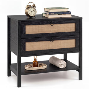 Boho Rattan Nightstand with 2 Drawers and Bottom Open Shelf-Black view 4