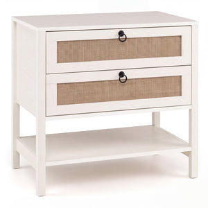 Boho Rattan Nightstand with 2 Drawers and Bottom Open Shelf-White