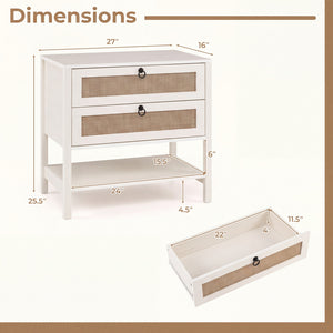 Boho Rattan Nightstand with 2 Drawers and Bottom Open Shelf-White view 5