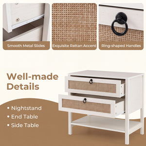 Boho Rattan Nightstand with 2 Drawers and Bottom Open Shelf-White view 8